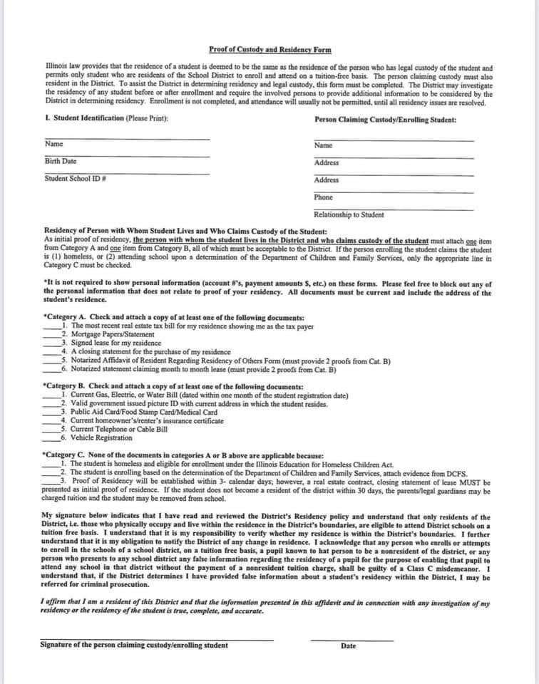 Proof of Custody and Residency Form